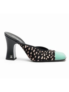 Chanel 26S Blazy Black White Pony Fur Green Square Toe Block Heel Pump Mule 36